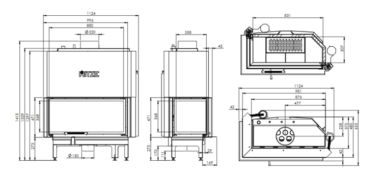 Kominek z płaszczem wodnym ALAQS 90×41.LG-D Rysunek Techniczny