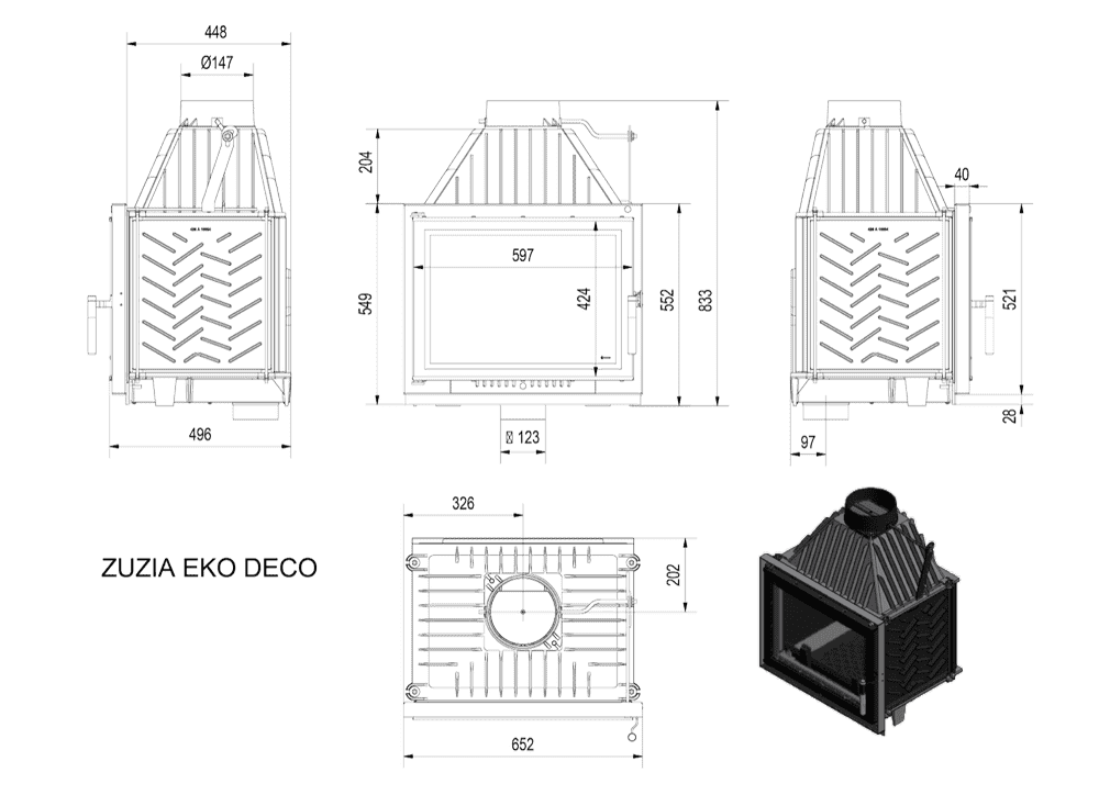 Kominek powietrzny żeliwny KRATKI ZUZIA ECO DECO 12 kW Ø 150
