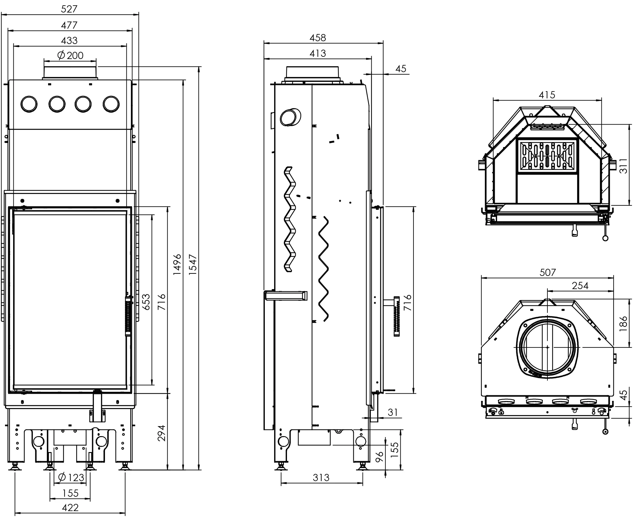 Kominek Stalowy Hitze Albero AL14S.V-D Rysunek Techniczny