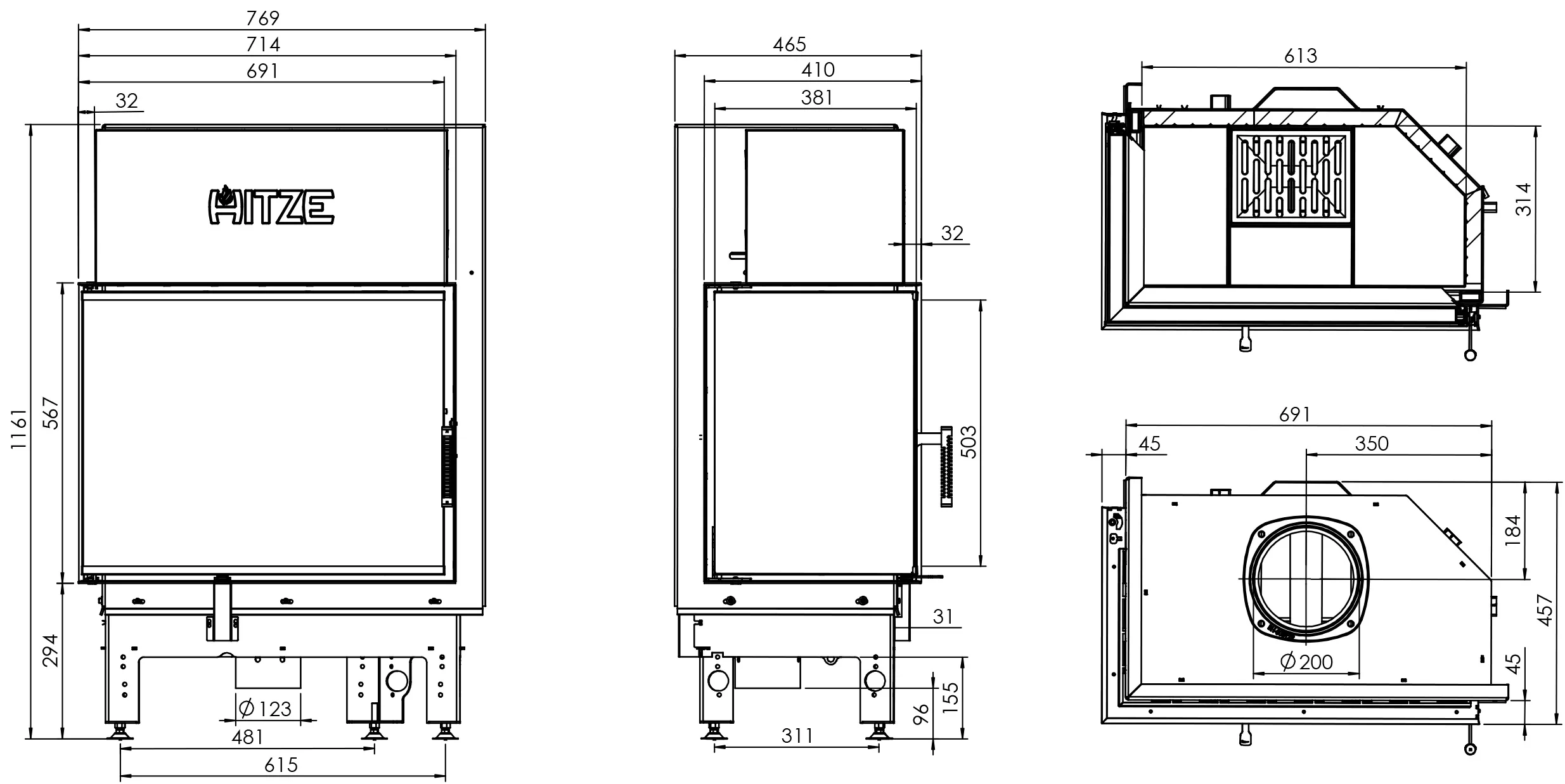 Kominek Stalowy Hitze Albero AL16L.H-D Wymiary