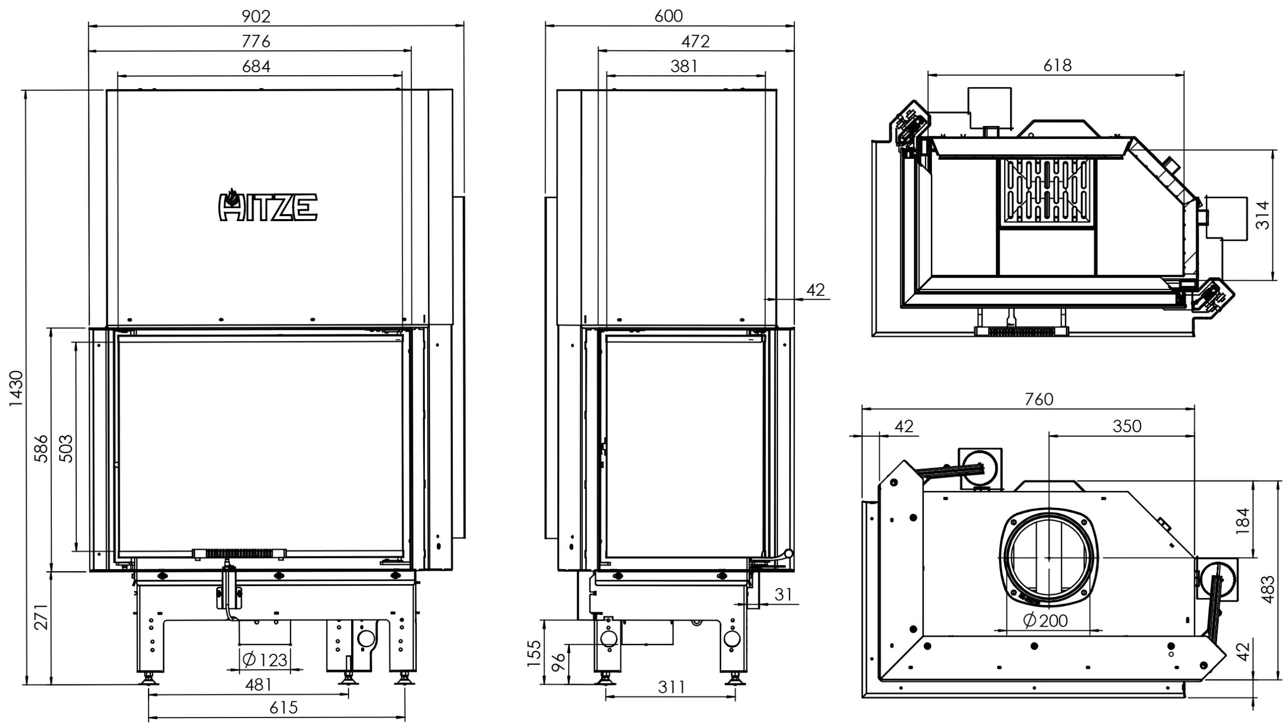 Kominek Stalowy Hitze ALBERO AL16LG.H-D Rysunek Techniczny