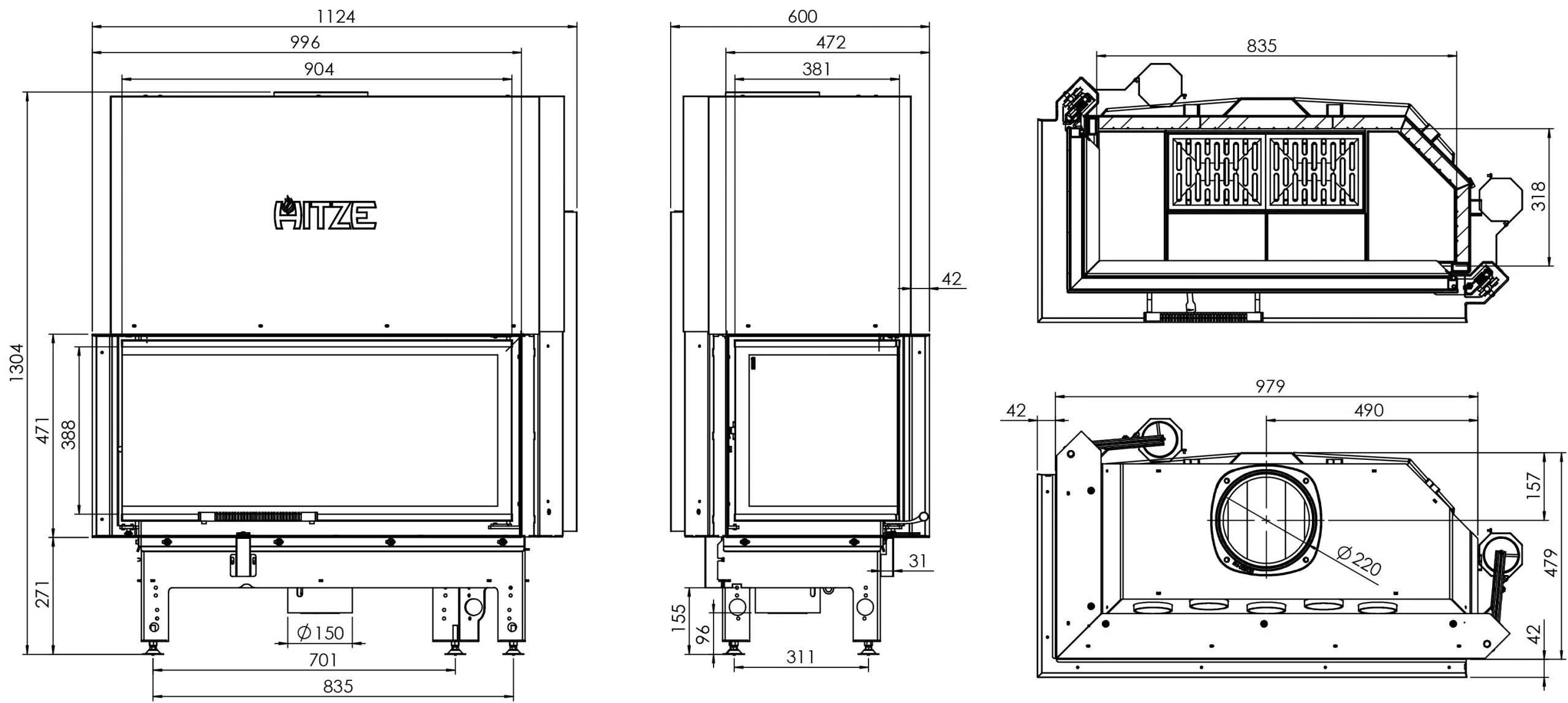 Kominek Stalowy Hitze Rysunek Techniczny
