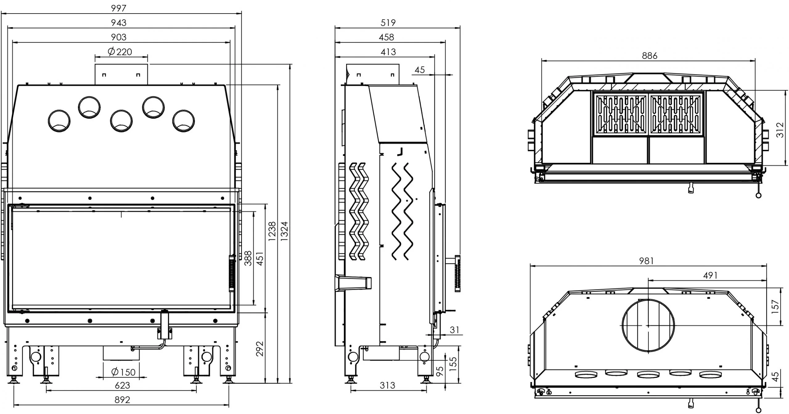 Kominek Stalowy Hitze ALBERO AL19S.H-D Rysunek Techniczny