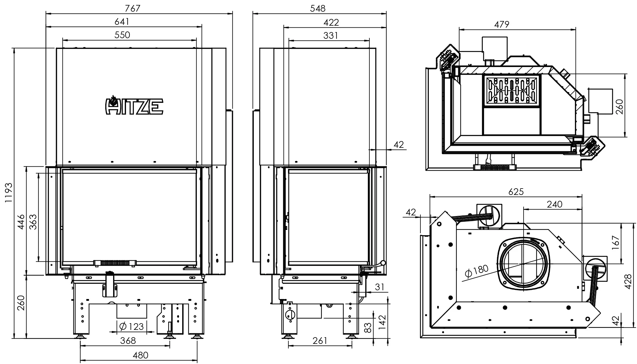 Kominek Stalowy Hitze ALBERO AL9LG.H-D wymiary