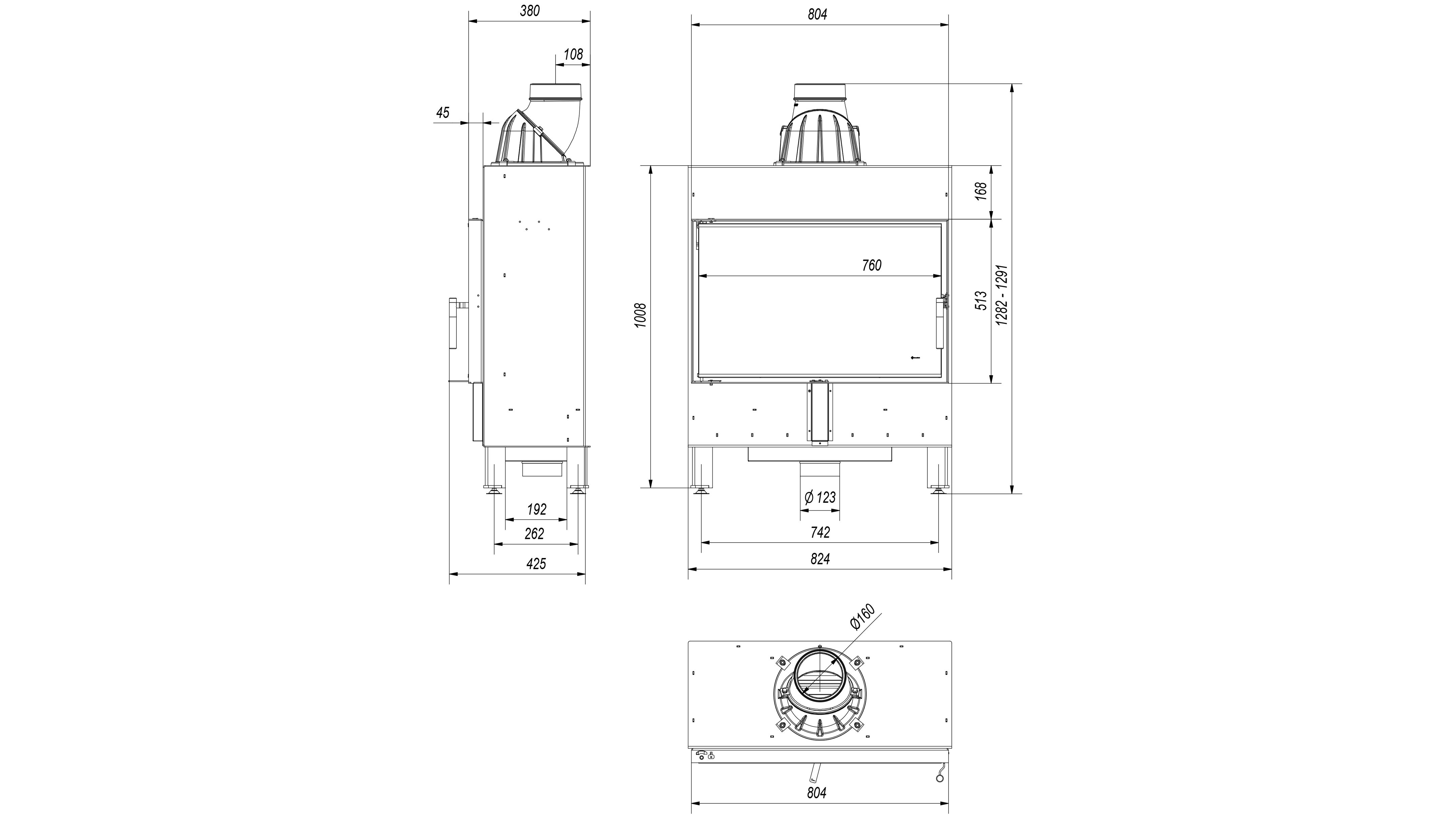 Kominek Stalowy Lucy 14 Slim Black 10 kW Rysunek Techniczny