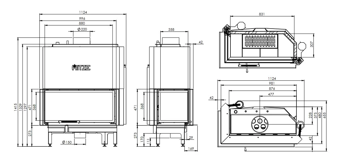 Kominek z płaszczem wodnym ALAQS 90×41.LG-D Rysunek Techniczny
