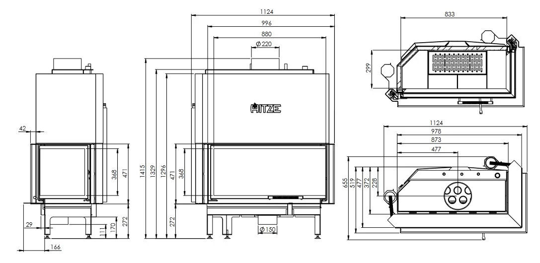 Kominek z płaszczem wodnym AQUASYSTEM 90×41.RG-D Rysunek Techniczny