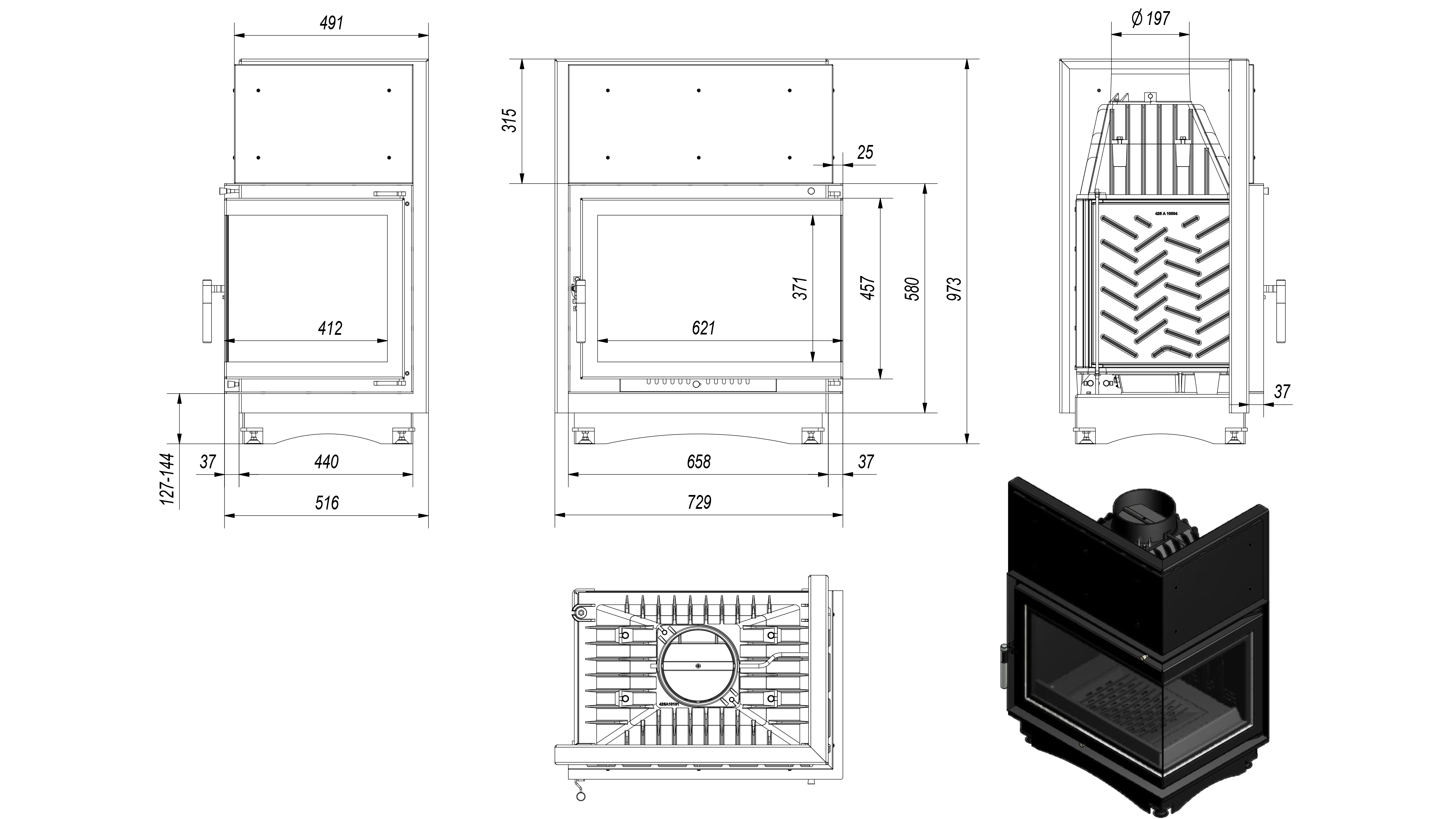 Kominek Żeliwny Zuzia Prawy BS 15 kW Rysunek Techniczny