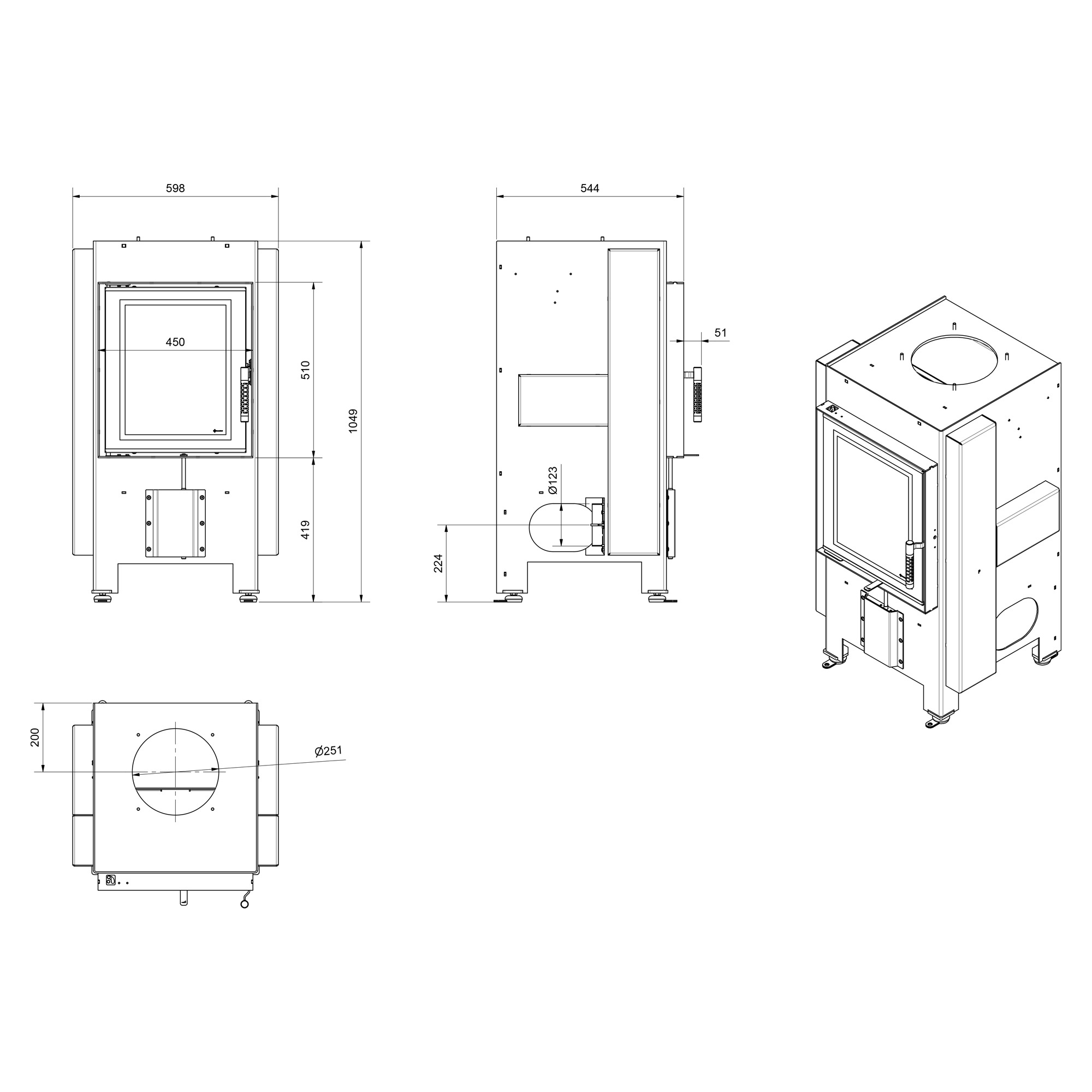 Rysunek techniczny kominka KRATKI MAGMA 13 kW Ø 200
