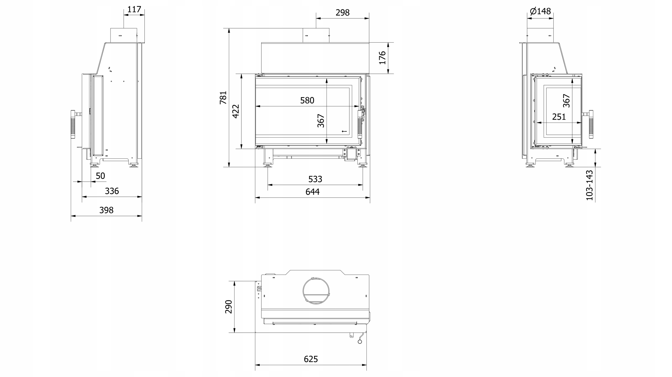 Kominek powietrzny stalowy KRATKI SIMPLE lewy BS 6 kW Ø 150 czarny