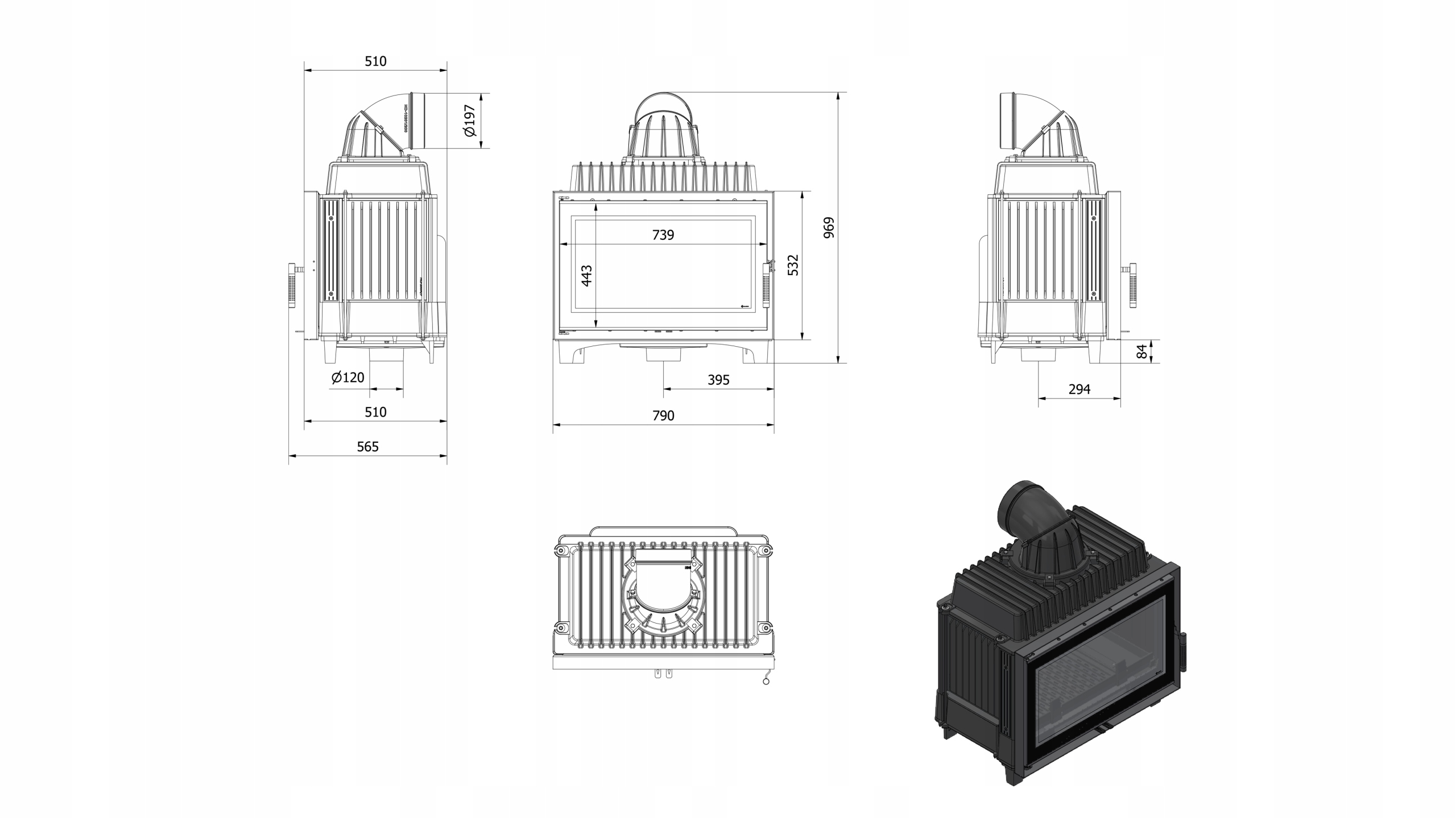 Kominek powietrzny żeliwny KRATKI FRANEK DECO 14 kW Ø 200