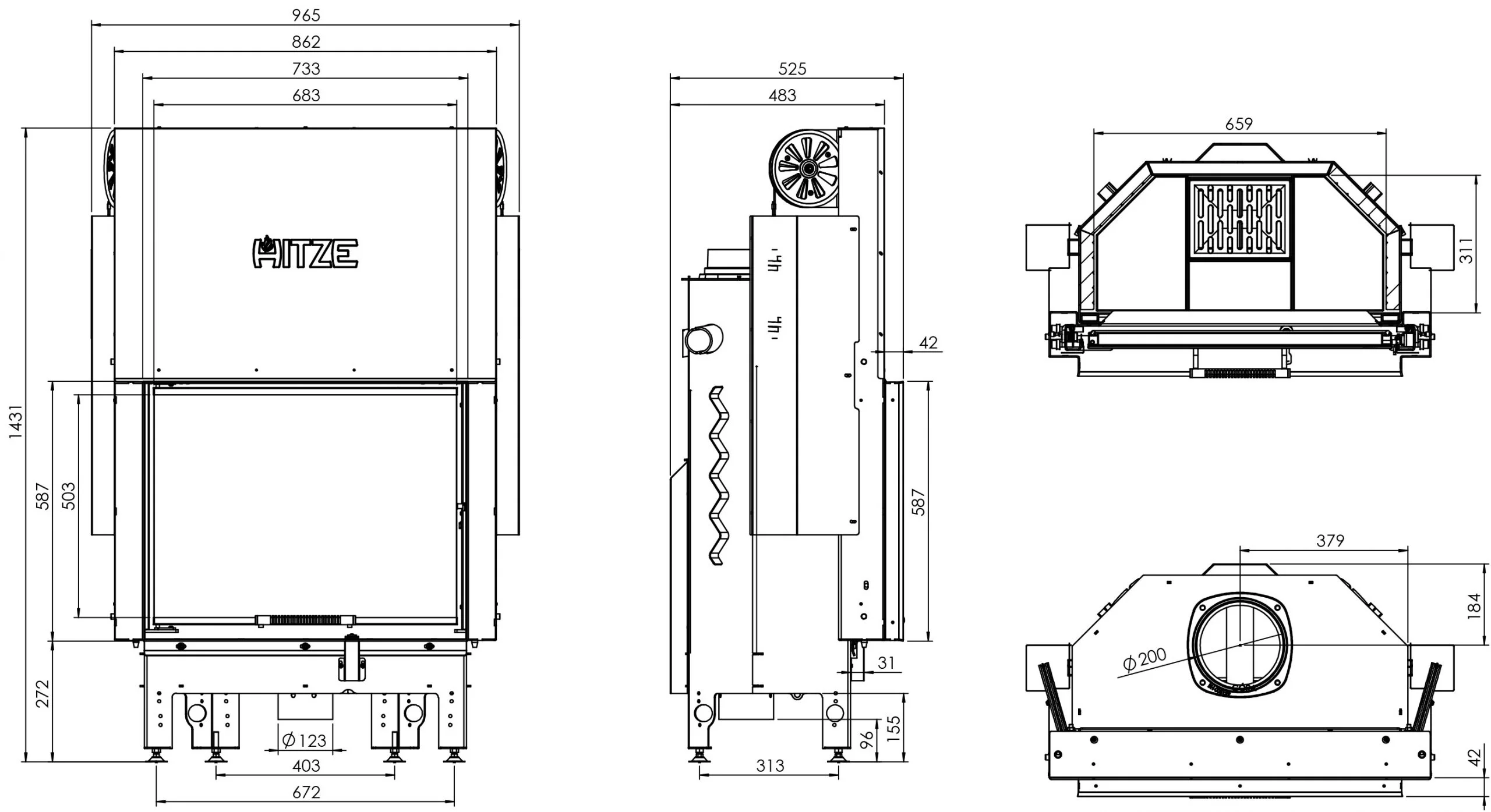 Kominek Stalowy Hitze ALBERO AL16G.H-D Wymiary