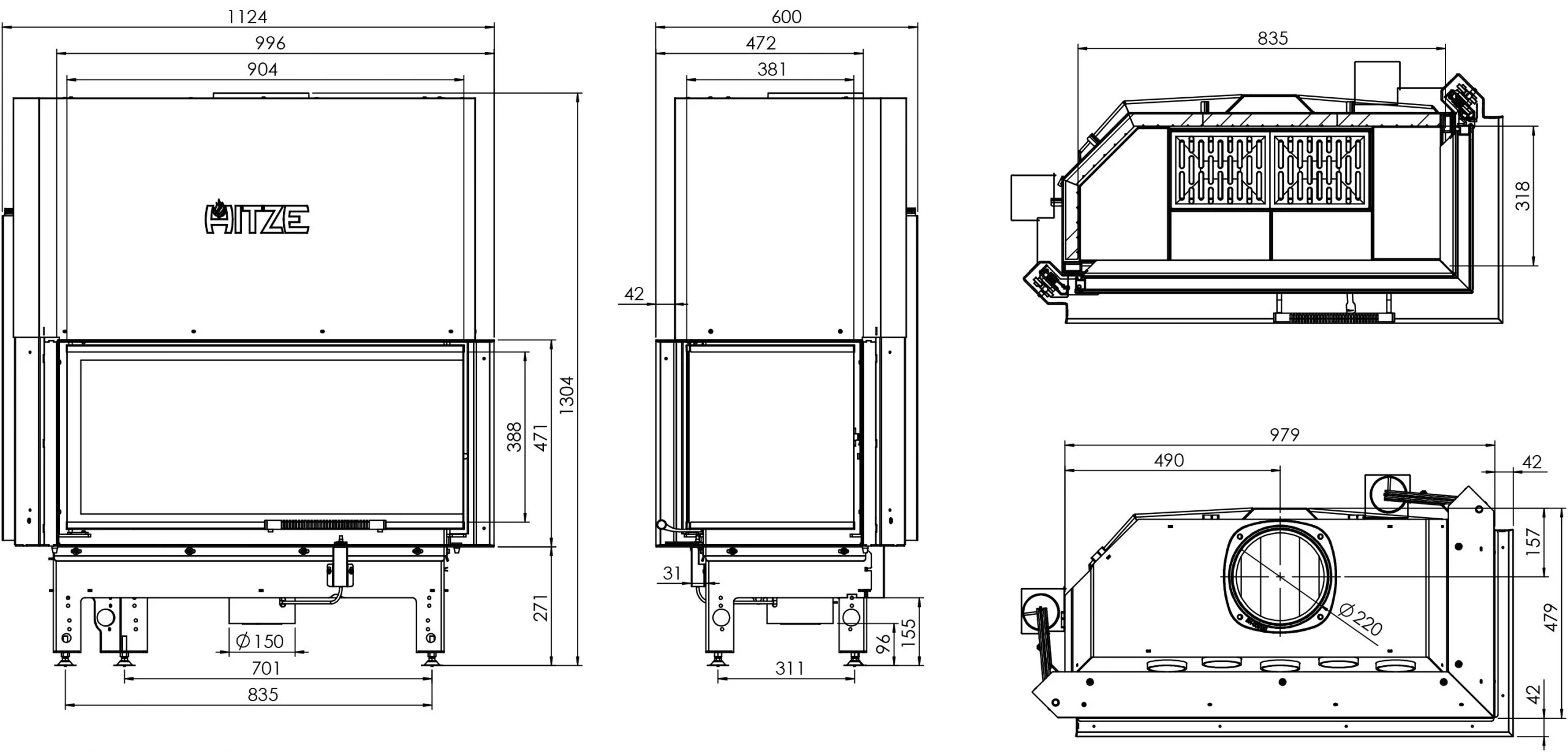 Kominek Stalowy Hitze ALBERO AL19RG.H-D Rysunek Techniczny