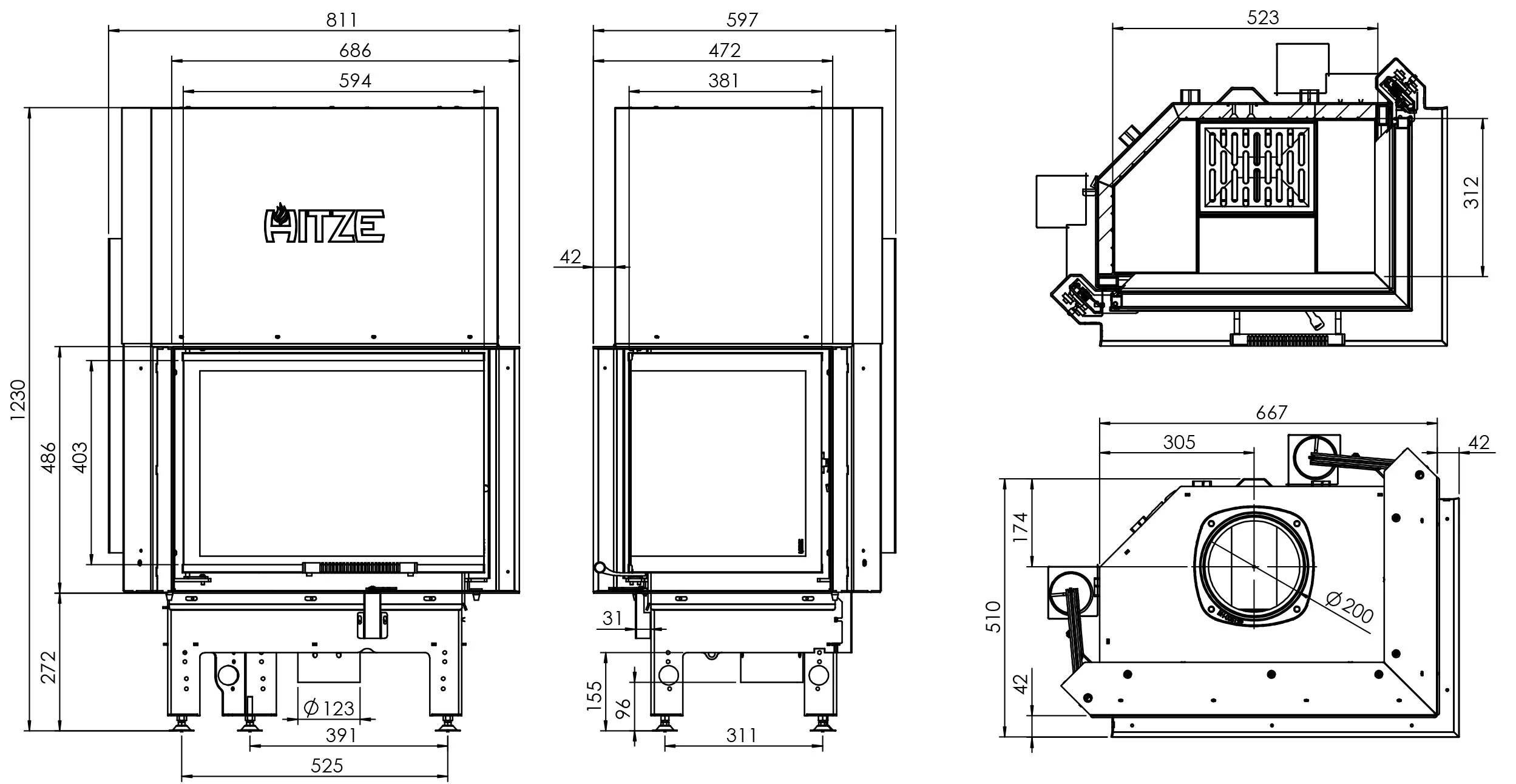 Kominek Stalowy Hitze ALBERO AL11RG.H-D Rysunek Techniczny